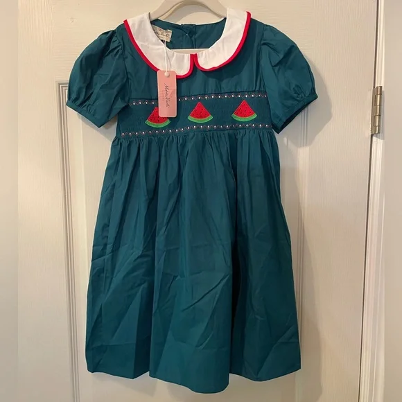 Girls Teal Dress with Watermelon Embroidery - Picture 2 of 5